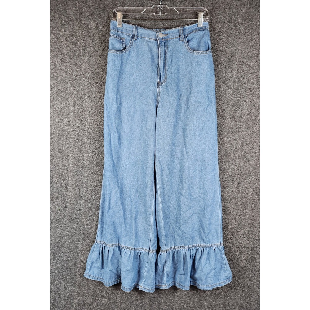 SHEIN Jeans Women 30 Wide Leg Light Blue Ruffle Hem High Rise EUC